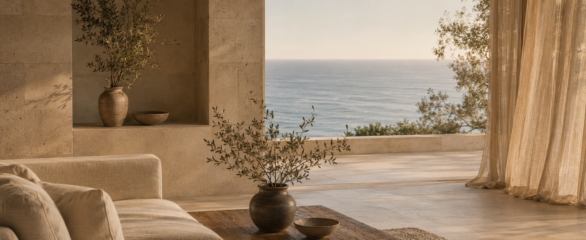 Living room with beige sofa, potted plant, and view of the ocean through an open window with curtains.