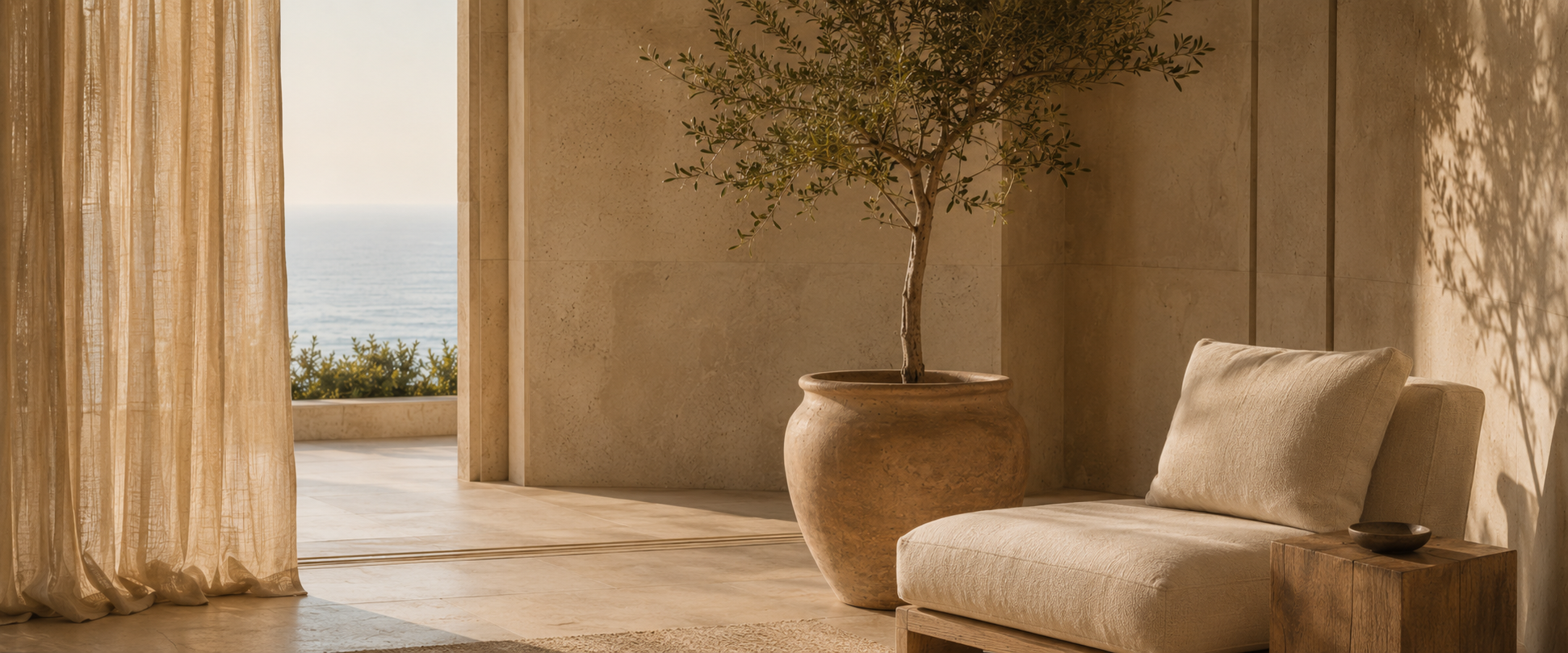 A cozy indoor lounge area with a beige sofa, a wooden side table, a large potted olive tree, and sheer curtains opening to a view of the ocean.