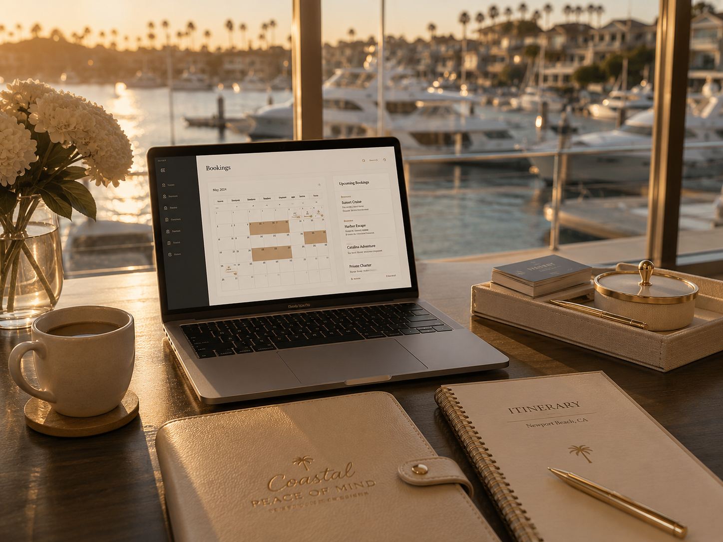 Luxury yacht charter management in Newport Beach with online booking coordination and white-glove concierge services.