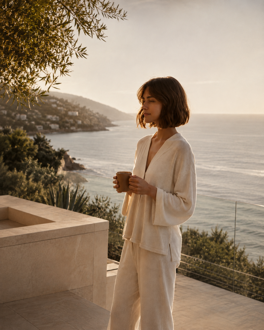 A woman standing on a balcony holding a coffee mug, overlooking the ocean during sunset.