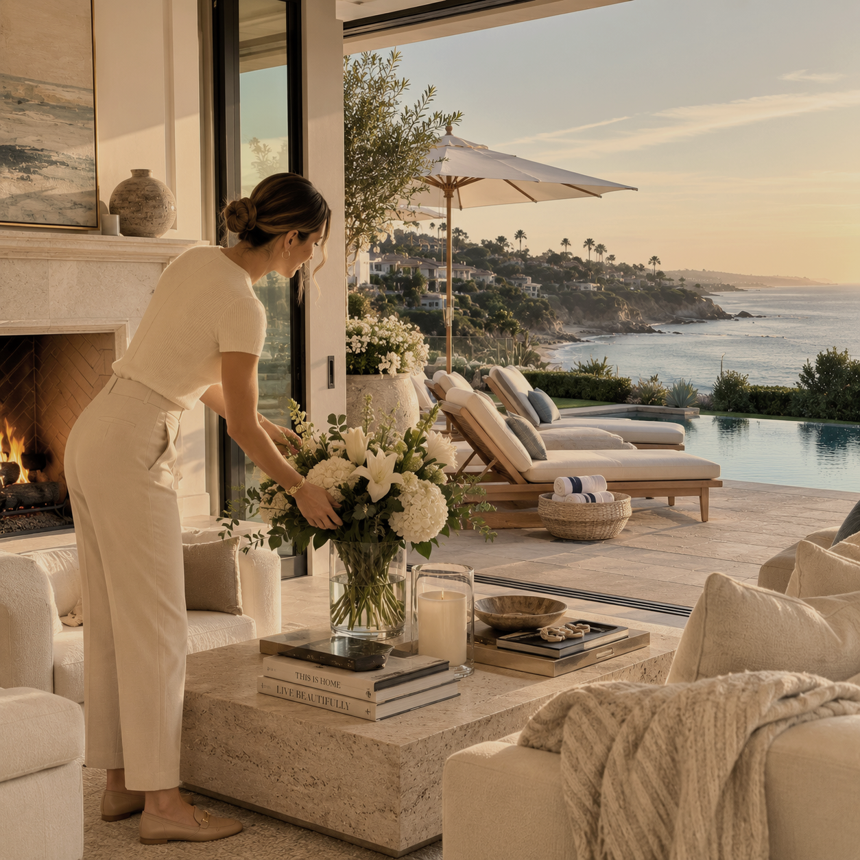 Luxury seasonal home preparation service in Laguna Beach featuring fresh flowers, a lit fireplace, outdoor entertaining spaces, and a guest-ready coastal estate.