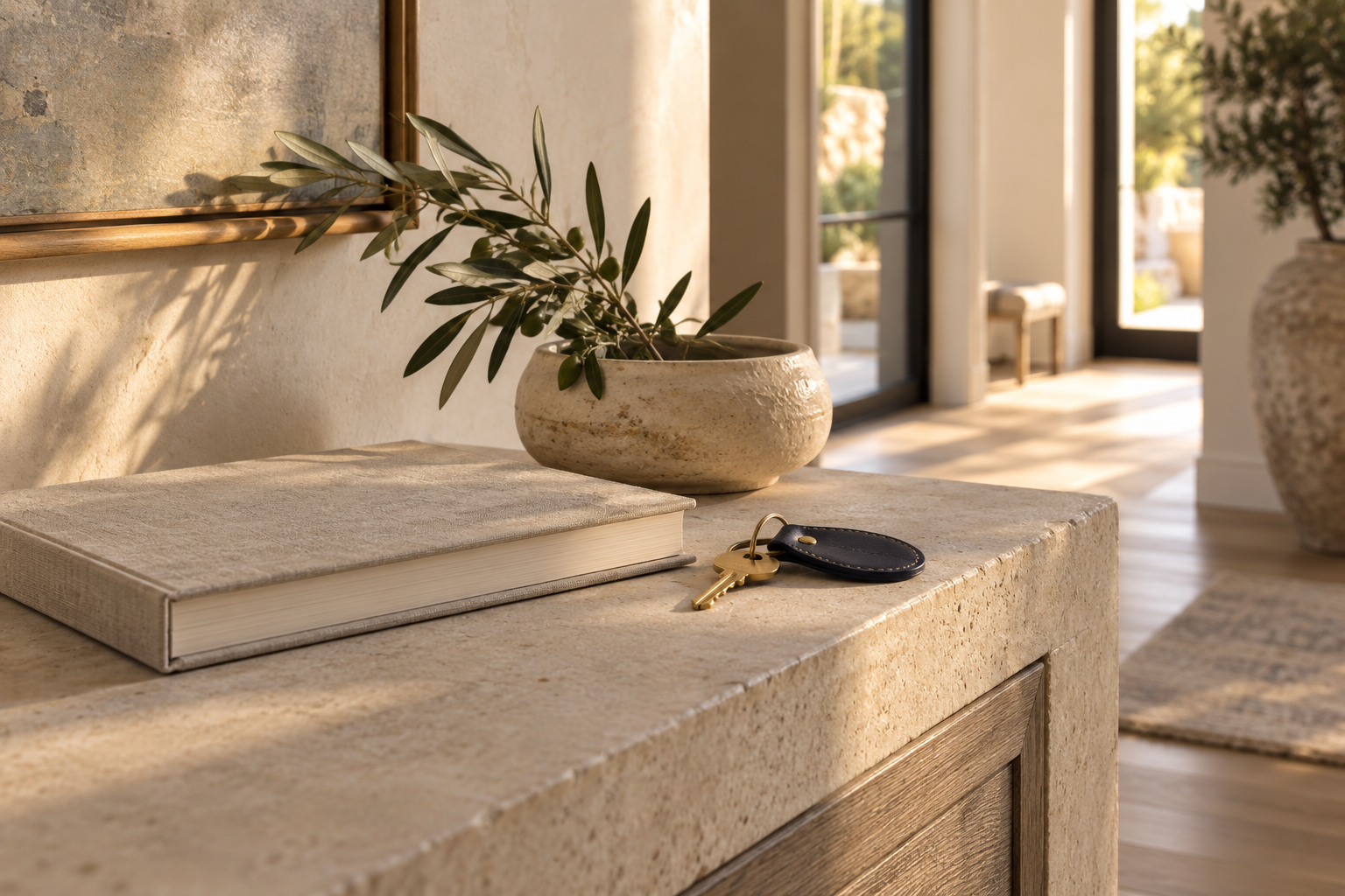 A beige stone table with a potted plant, a large hardcover book, and a set of keys with a black leather keychain in a sunlit room.