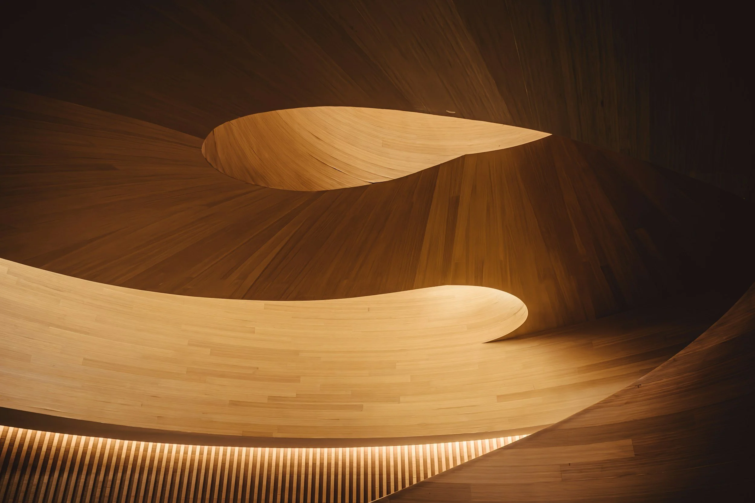 Modern architectural interior featuring curved wooden elements with warm lighting