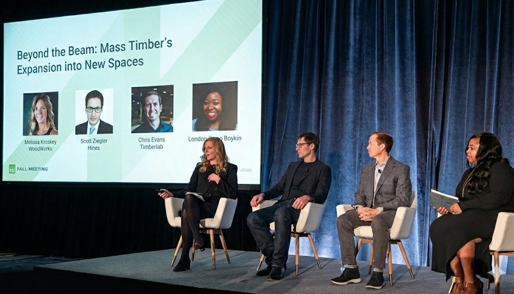 Melissa Kroskey speaking at ULI conference panel with industry leaders from Hines, Timberlab, and Amazon