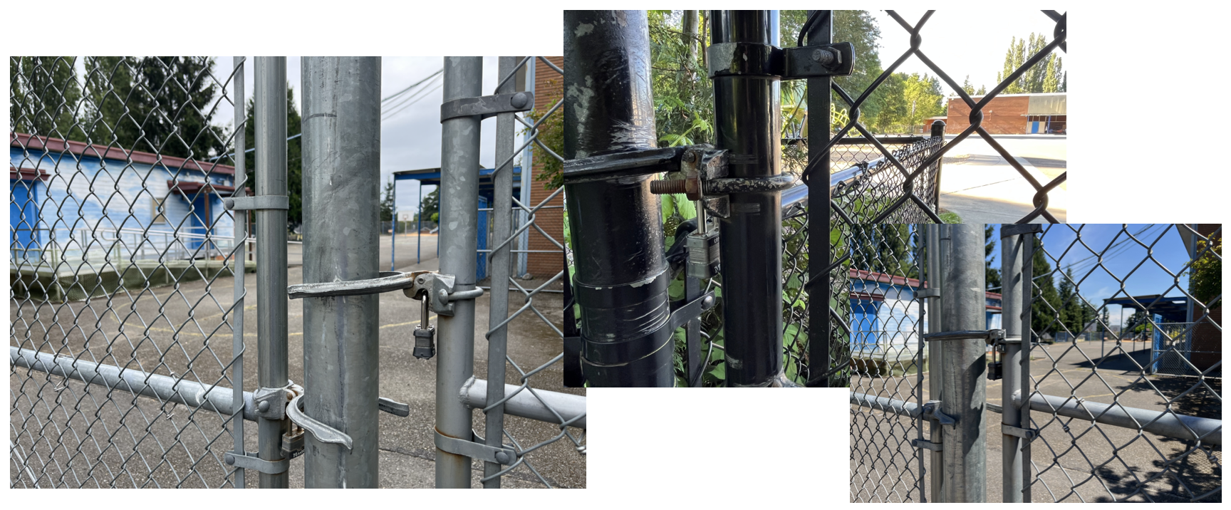 A collage of three photos showing the padlocked gates of Sac's playground. The playgrounds are visible in the backgrounds.