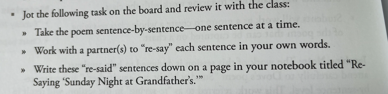 A photograph of a printed page in the IBD teacher's manual. Teachers are told to have their students "re-say" each sentence of a poem.