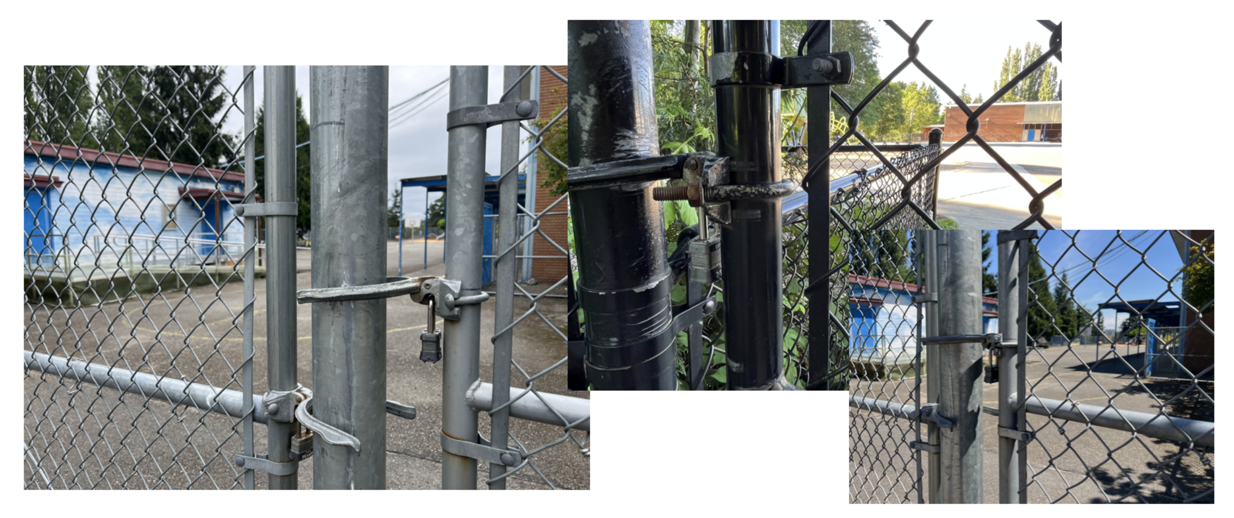 A collage of three photos of the wire fencing of Sacajawea Elementary's playgrounds. In all three, the metal gates are padlocked shut against public access.