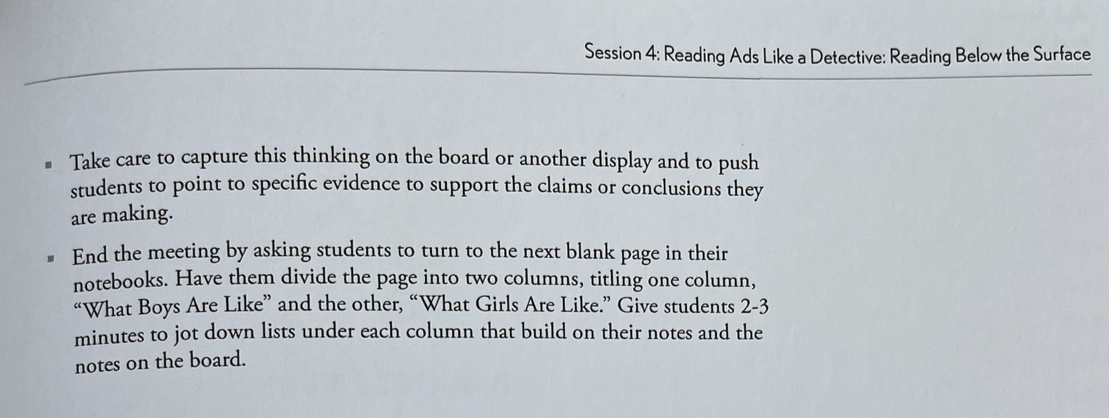 Photo of a printed page in the IBD teacher's manual. One portion instructs teachers to have students make two lists: "What Boys are Like" and "What Girls are Like"