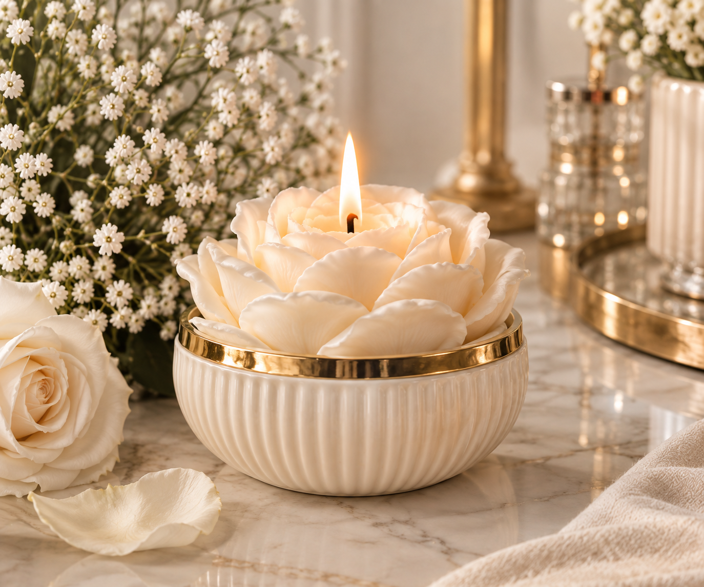 A lit candle shaped like cream-colored rose petals in a decorative bowl, with white flowers and roses in the background on a marble surface.