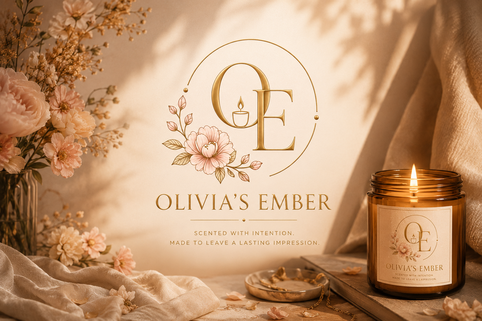A promotional image for Olivia's Ember scented candle features a lit candle in a glass jar, floral decorations, an elegant background with draped fabric, and the brand's logo with gold lettering and a candle icon, conveying a warm, cozy atmosphere.