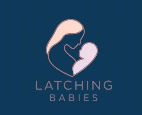 A logo featuring a stylized outline of a woman with long hair gently holding a sleeping baby, with the text "Latching Babies" below.