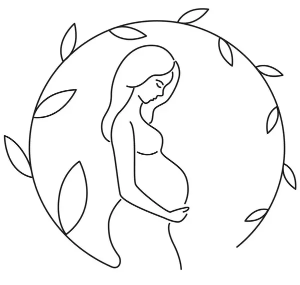 Line drawing of a pregnant woman with long hair, Tenderly holding her belly, surrounded by a circle with leaves.