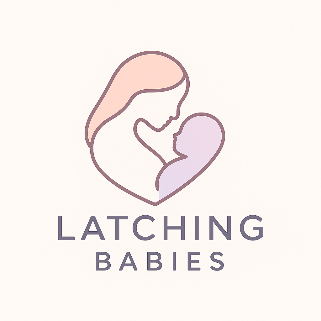 A minimalistic illustration of a mother holding a baby with the text "Latching Babies" below.