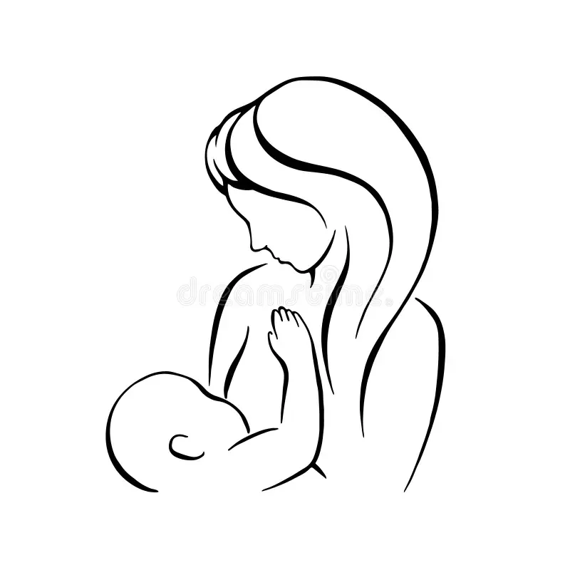 Line drawing of a woman holding a baby close to her chest, with her head bowed and eyes closed.