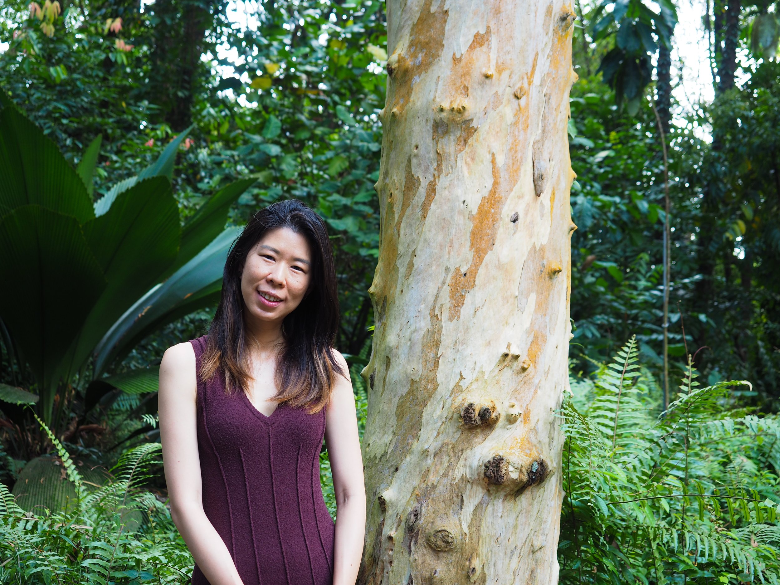 A woman stands outdoors in a lush green forested area next to a large tree with light-colored bark.