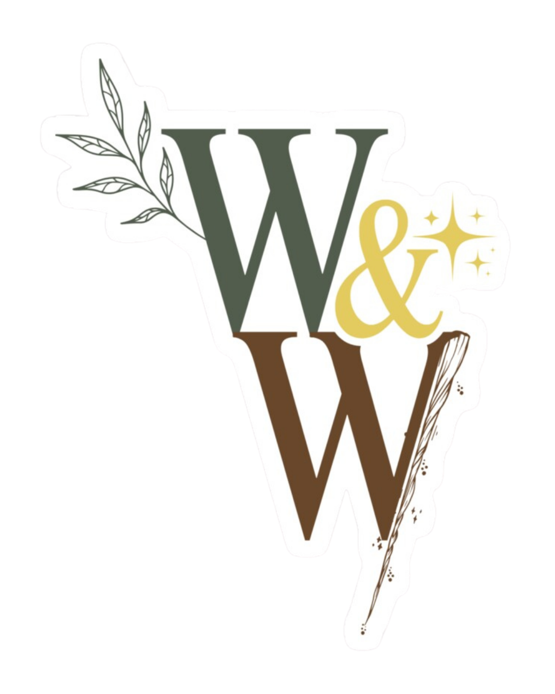 Sticker with the words 'W&W' in large letters, decorated with nature-themed elements like a leaf and a feather, and a star sparkle.