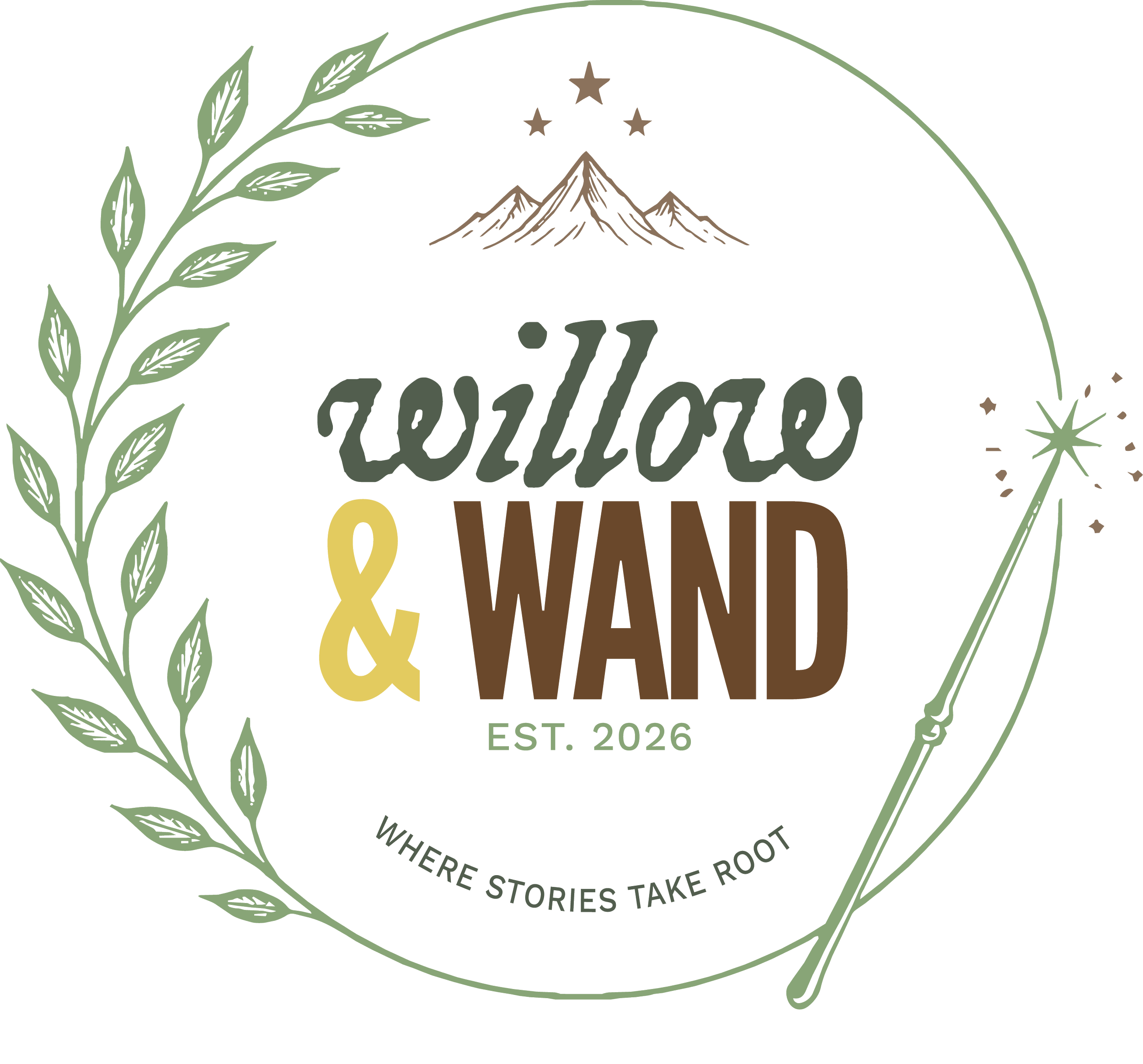 A circular logo with a mountain illustration at the top, green leafy branch on the left, and stylized text in the center reading 'Gather, Grow & WAND' with an established date of 2026 at the bottom, and decorative stars and a wand around the circle.