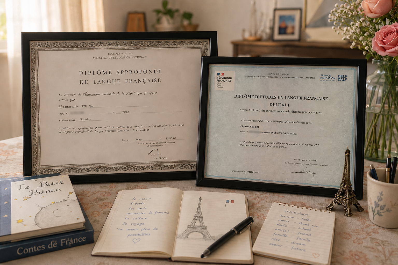 French teacher Monica Zhu and her daughter holding DALF and DELF French diplomas