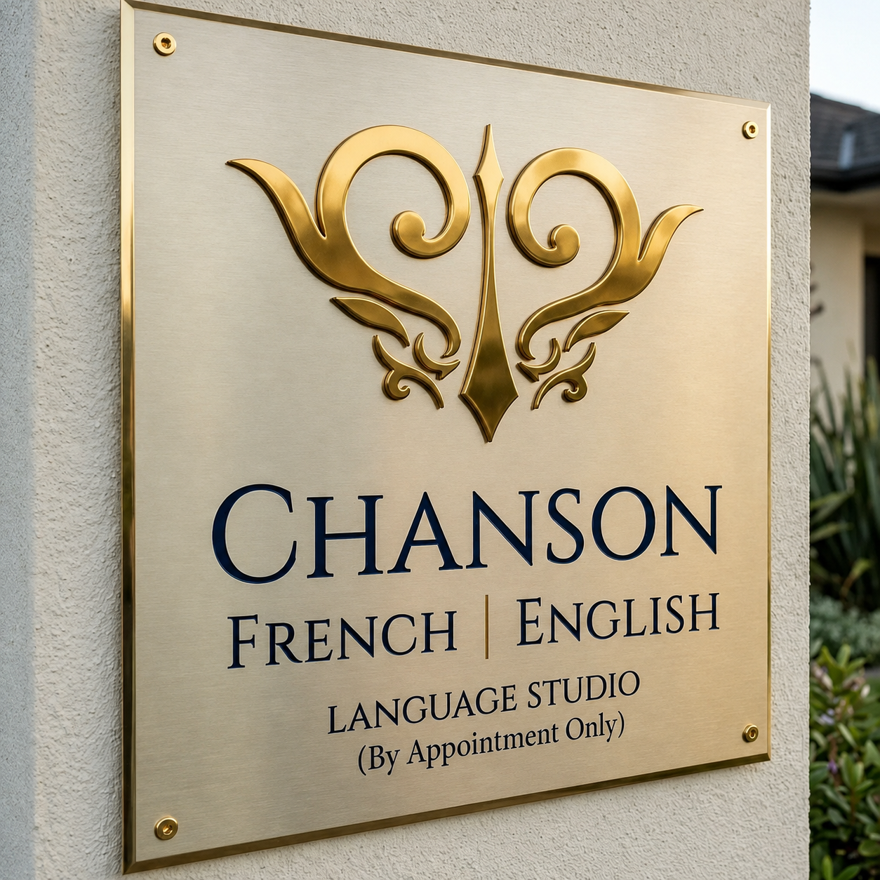 A decorative sign on a wall for Chanson Language Studio, offering French and English language lessons by appointment only.
