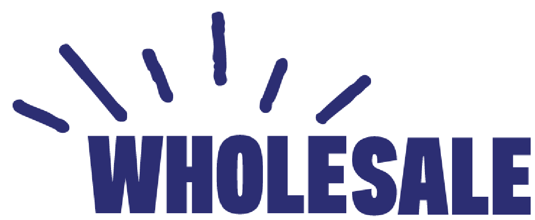 Wholesale logo in dark blue with stylized lines above the word.