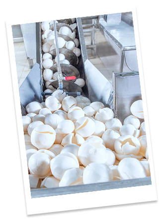 A commercial ice shaver machine with spherical ice balls, some of which are cracked and broken, in stainless steel containers.