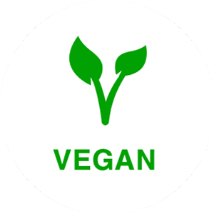 Green leaf icon above the word 'VEGAN' on a white background.