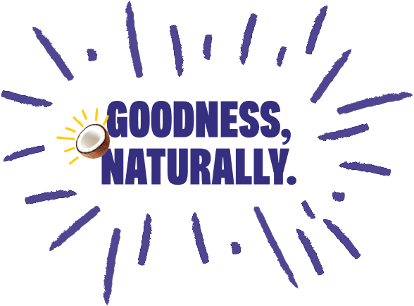 Text reading "Goodness, Naturally" with a coconut image and decorative purple lines and rays.
