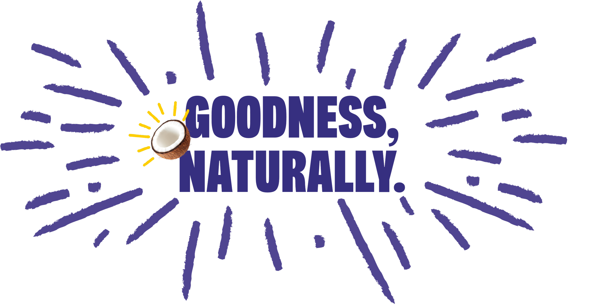Graphic with the phrase 'VITAMINS! GOODNESS, NATURALLY.' in bold purple letters, a coconut with a yellow lightning bolt in front of it, and purple rays radiating outward.
