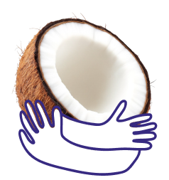 A halved coconut with white flesh and brown outer shell, with a graphic of two hands hugging around it.
