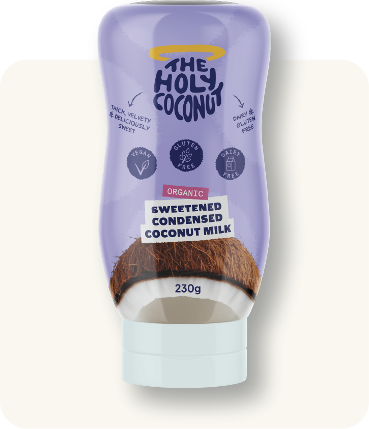 A purple bottle of The Holy Coconut sweetened condensed coconut milk, featuring a coconut image, vegan, gluten free, dairy free, organic label, 230 grams, with text highlighting its creamy and sweet qualities.