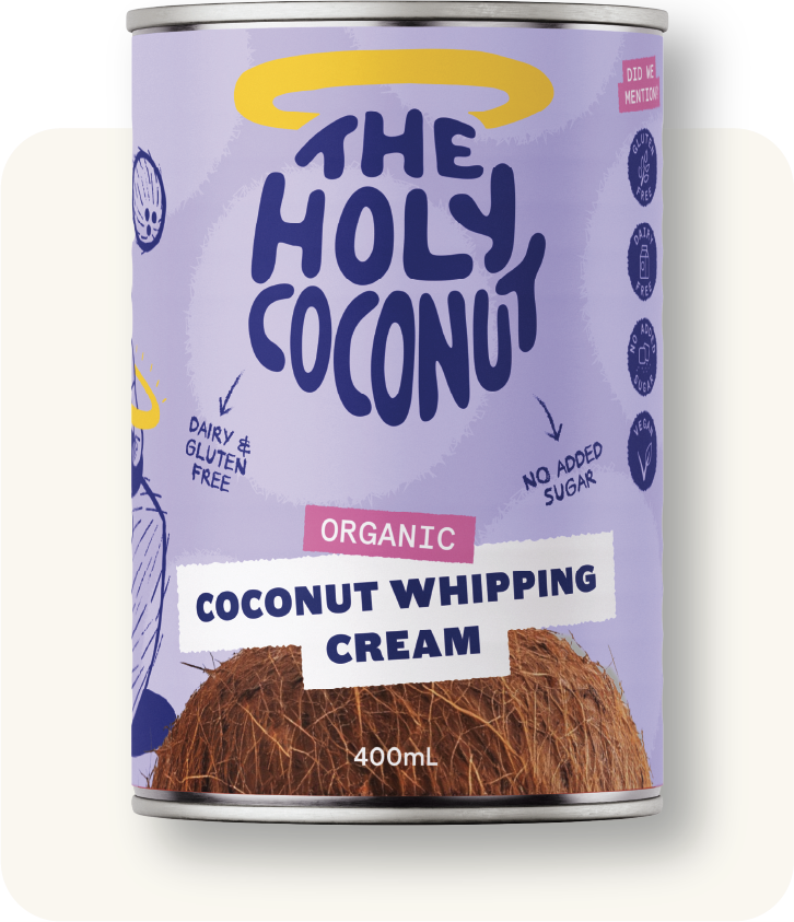 Canned organic coconut whipping cream with purple label, yellow halo graphic, a photograph of a coconut at the bottom, and text indicating it is dairy and gluten free, no added sugar, vegan, and 400 milliliters.