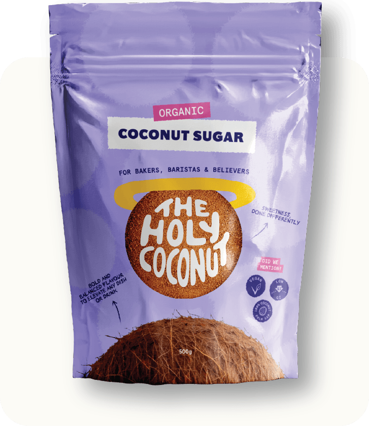 Purple resealable bag of organic coconut sugar from The Holy Coconuts with a picture of a coconut on the front.