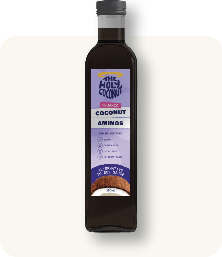 A 250ml bottle of The Holy Coconut organic coconut aminos, labeled as an alternative to soy sauce, with information about being vegan, gluten-free, dairy-free, and having no added sugar.