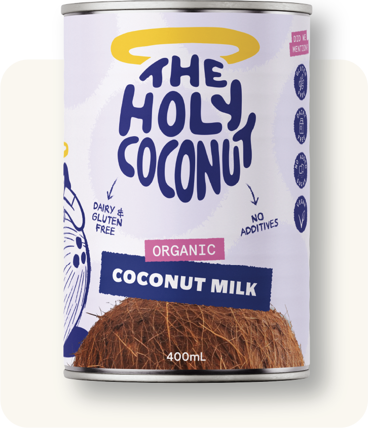 A can of 'The Holy Coconut' organic coconut milk, 400ml, with labels indicating it is dairy and gluten free, contains no additives, and is plant-based.