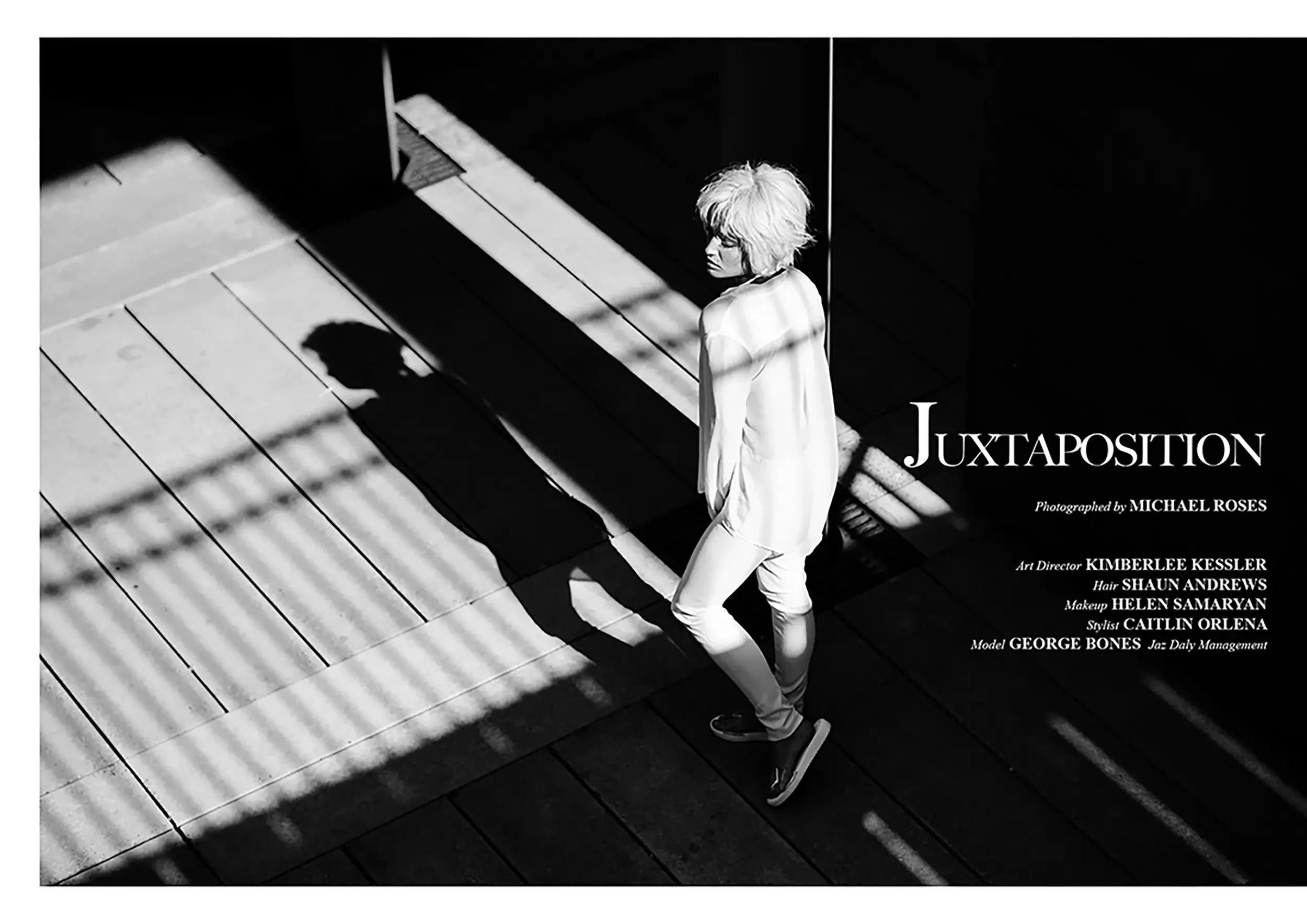 A black and white photo of a woman with blonde hair, wearing light-colored clothing, leaning against a wall in front of a piano. Shadows and light create patterns on the floor. The photo includes text indicating it is a promotional image for "JUXTAPO