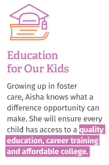 Illustration of a graduation cap and book with a lock, alongside text emphasizing education for children, focusing on quality education, career training, and affordable college.