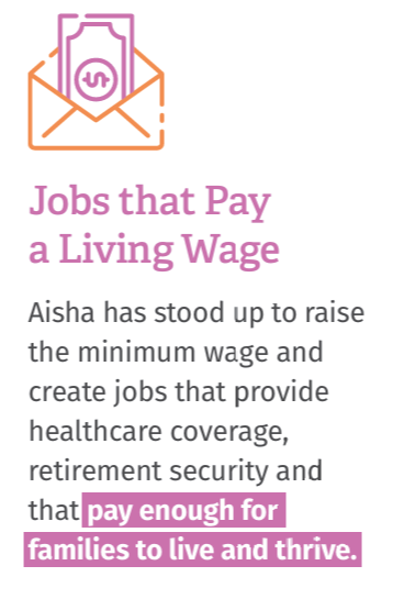 Text promoting jobs that pay a living wage, mentioning raising minimum wage and creating healthcare, retirement, and security jobs for families.