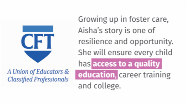 Graphic with the CFT logo and a message about foster care, resilience, opportunity, and access to quality education, emphasizing career training and college.