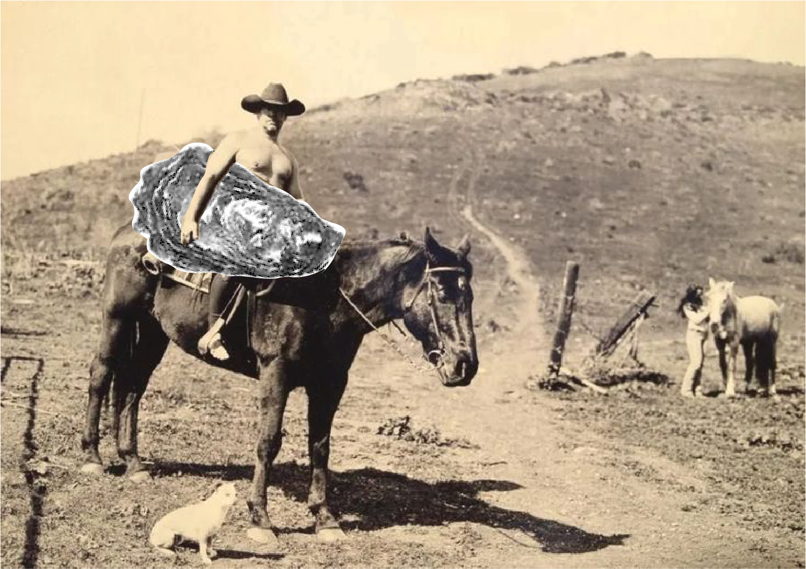 A sepia-toned photo of a woman riding a horse while holding a large rock or shell, with a boy standing near a horse in a rural, arid landscape with a hill in the background.