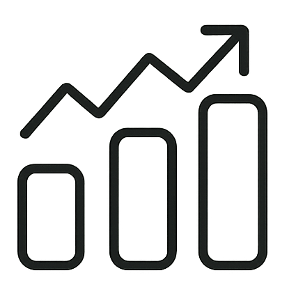 Line graph with three bars and an upward trending arrow.