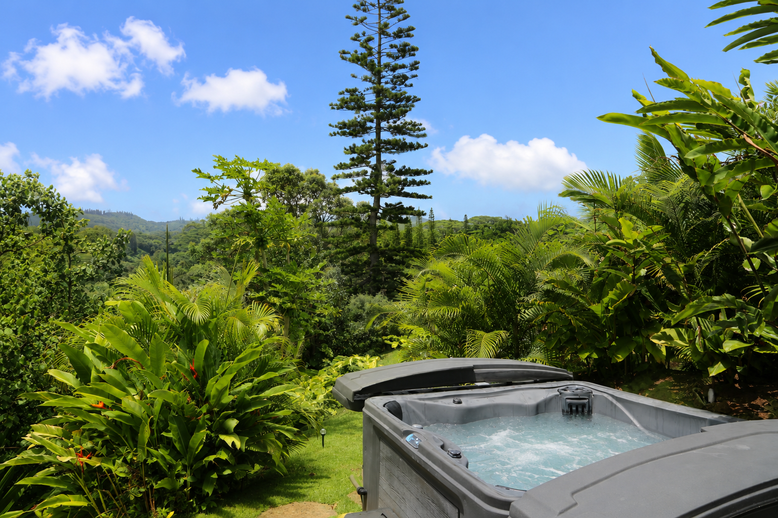 A hot tub on a lush green lawn surrounded by tropical plants, with tall trees and a bright blue sky with clouds in the background.