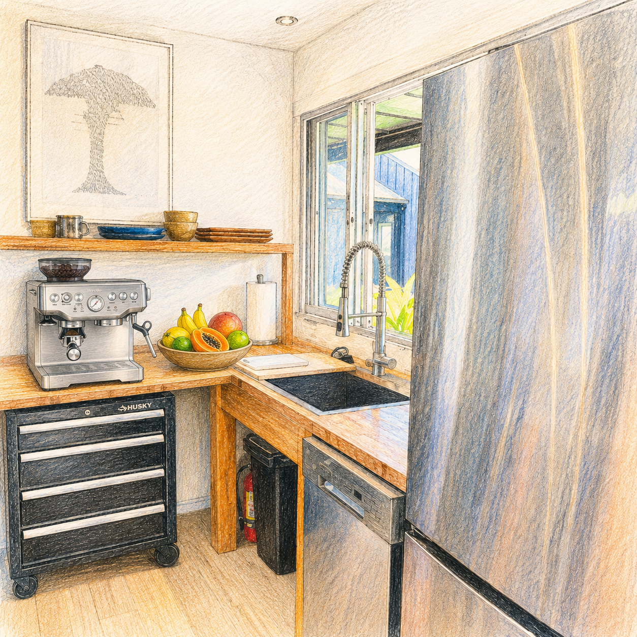 A kitchen with a wooden counter holding a coffee machine, a bowl of assorted fruits, and a paper towel roll. There is a window with a view of greenery and a blue house outside, and a curtain partially covering the right side of the image.