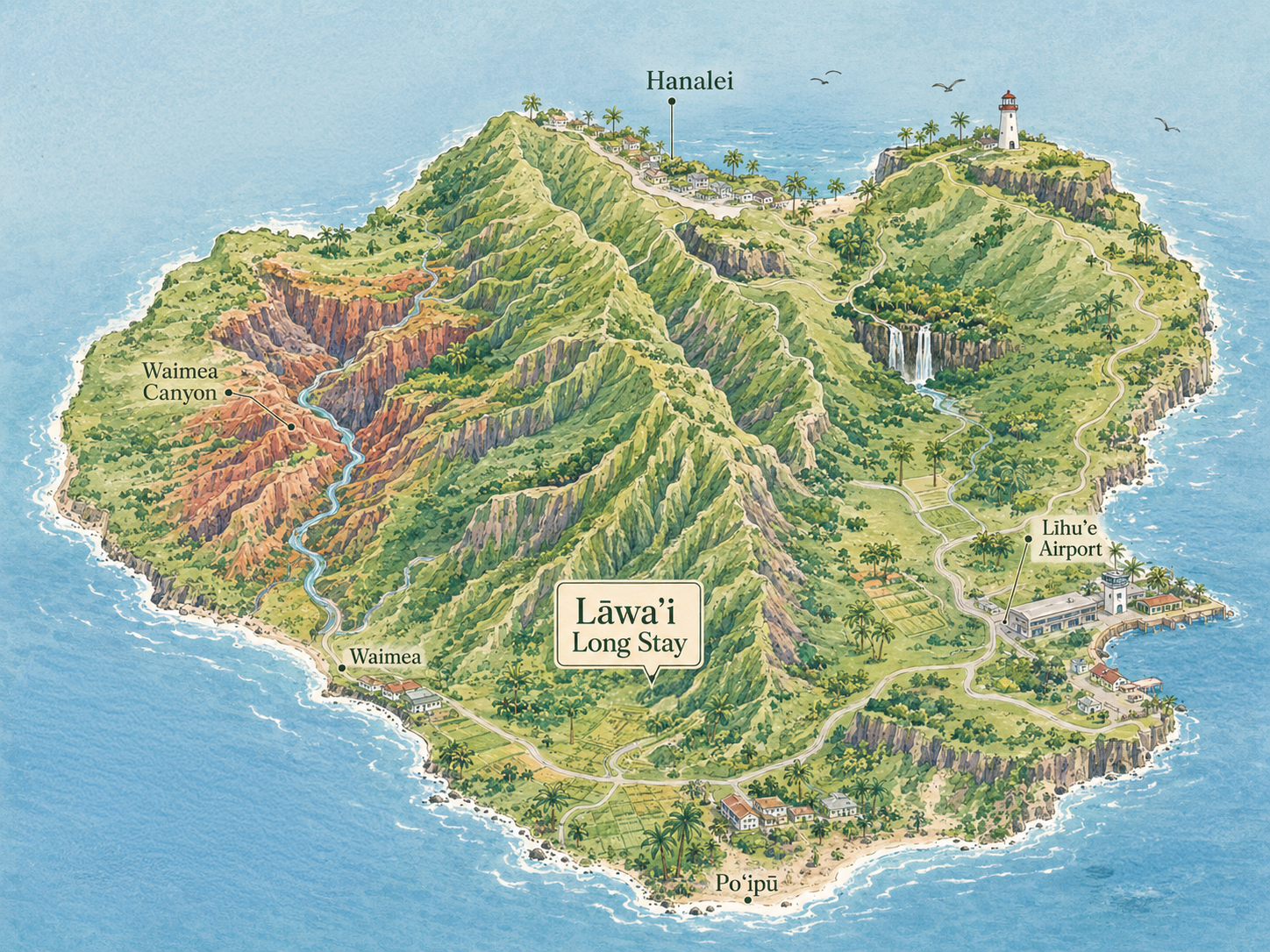 Map of the island of Lāwa’i Long Stay in Hawaii, showing locations including Hanalei, Lihu’e Airport, Po’ipū, Waimea, Waimea Canyon, and natural features like waterfalls, mountains, and the coastline.