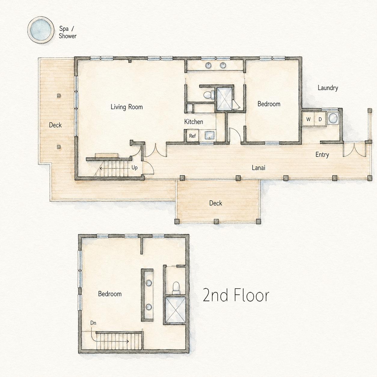 Floor plan of a house showing the first and second floors, with labels for rooms including living room, kitchen, bedroom, laundry, bathrooms, decks, lanai, and staircase.