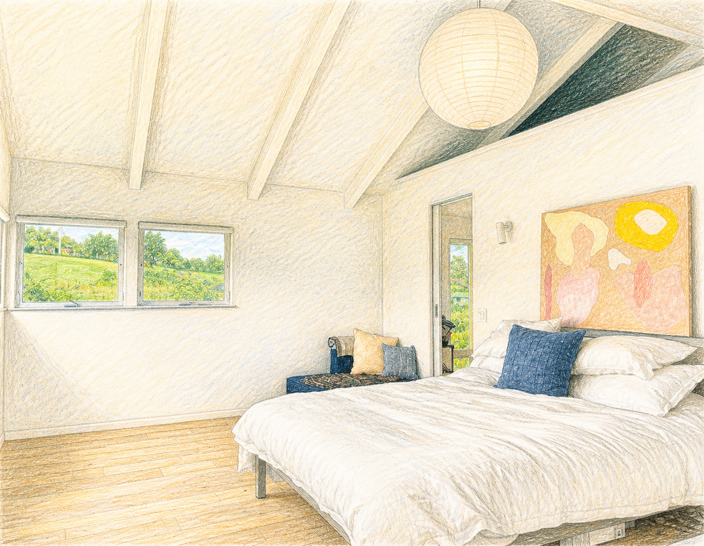 A cozy bedroom with a white bed, decorative pillows, painting on the wall, and windows showing a green landscape outside.