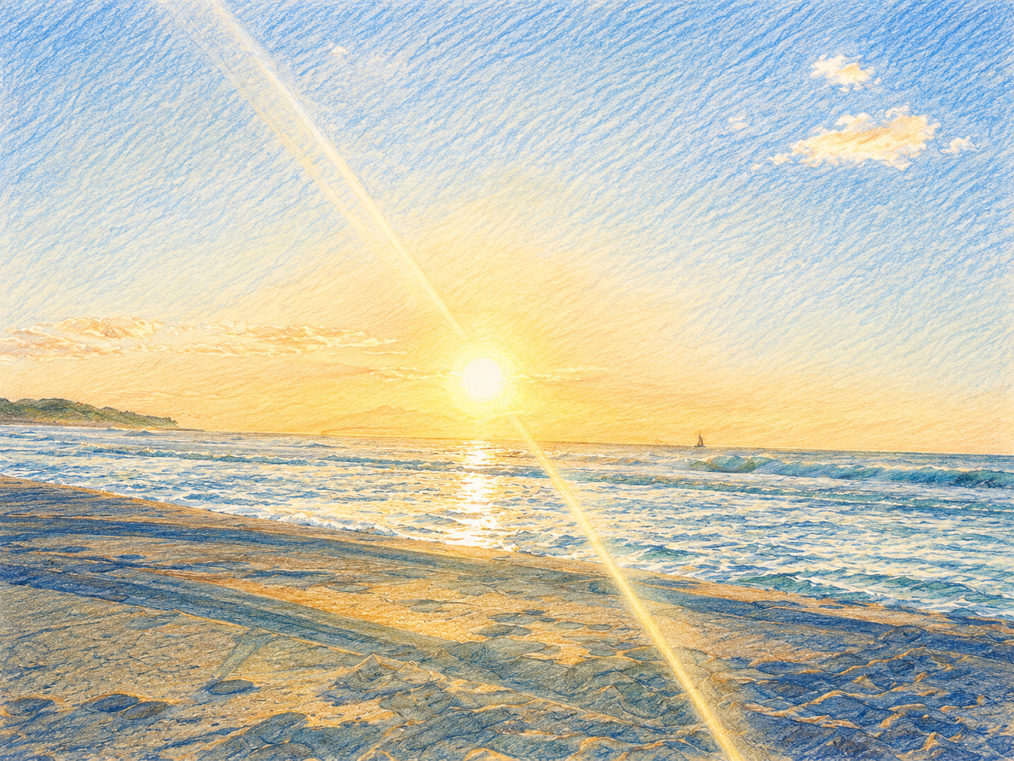A watercolor painting of a sunset over the ocean with a sailboat on the horizon, a sandy beach in the foreground, and a partly cloudy sky.