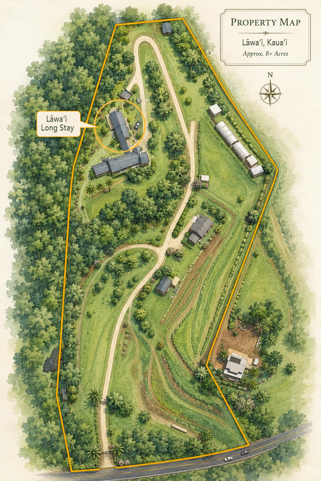 A detailed property map of Läwa’i, Kaua’i, showing various buildings, roads, gardens, and wooded areas with a label highlighting the Läwa’i Long Stay.