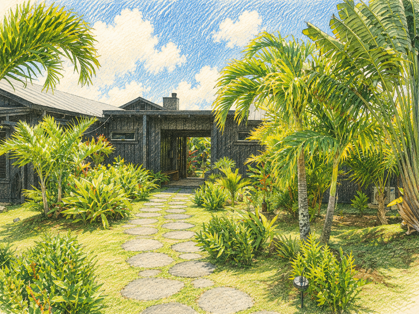 A lush tropical garden with a stepping stone pathway leading to a dark wooden house, surrounded by large green palm trees and plants under a partly cloudy blue sky.