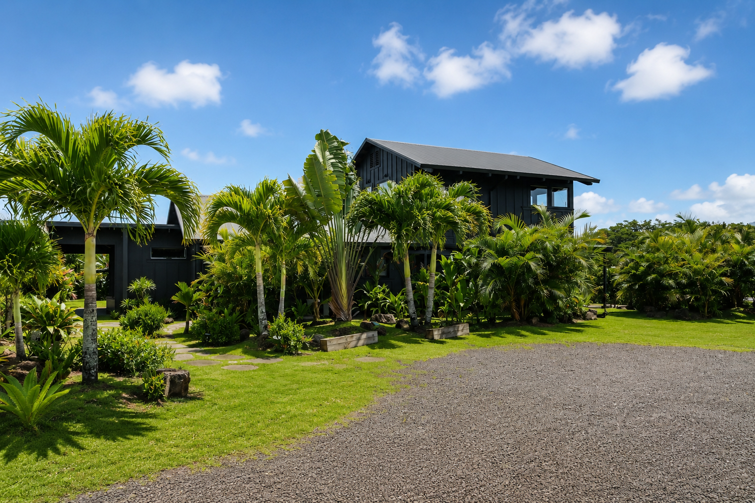 A black house surrounded by lush green tropical plants and palm trees on a bright sunny day with a blue sky and scattered clouds.