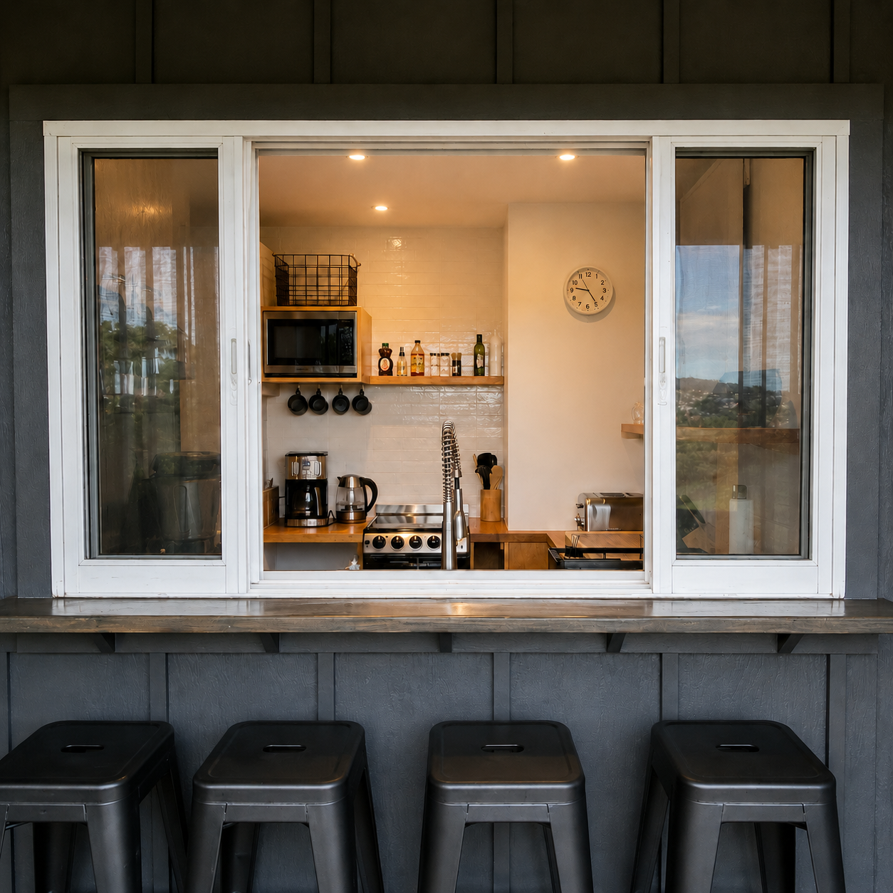 View of a compact kitchen through large sliding glass window from exterior, with black bar stools outside